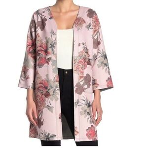 NWT JOAN VASS Blush Floral Faux Leather Open Long Jacket Soft like Suede! Sz L